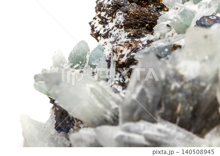 Macro mineral stone Drusus quartz with sphalerite in the rock a white background Macro mineral stone Drusus quartz with sphalerite in the rock a white background 140508945