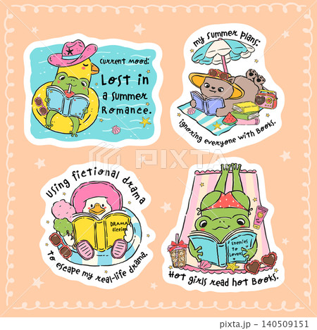 Summer reading animals funny quote sticker printable set with whimsical hand drawn cartoon characters and playful bookish humor Summer reading animals funny quote sticker printable set with whimsical hand drawn cartoon characters and playful bookish humor 140509151