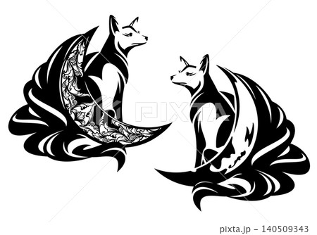 mythical asian fox spirit with nine tails sitting by crescent moon black and white vector outline 140509343