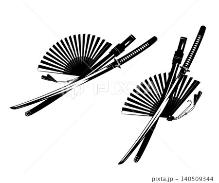 japanese samurai katana sword with scabbard and folding hand fan black and white vector design 140509344