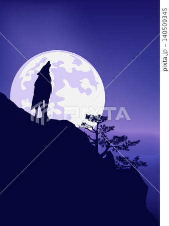 vector wilderness silhouette landscape with lonely howling wolf, pine tree and full moon in night sky vector wilderness silhouette landscape with lonely howling wolf, pine tree and full moon in night sky 140509345