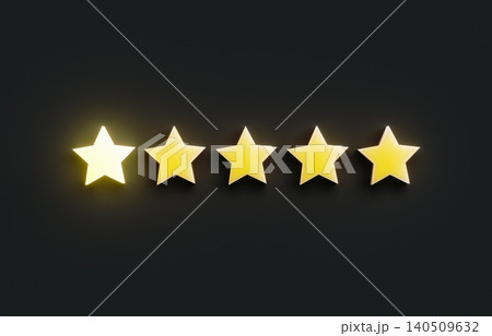 One stars rating feedback concept on dark background, 3d rendering. One stars rating feedback concept on dark background, 3d rendering. 140509632