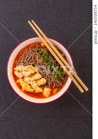 Buckwheat Noodles in Tomato Sauce with Egg and Scallions, Chinese Comfort Food Buckwheat Noodles in Tomato Sauce with Egg and Scallions, Chinese Comfort Food 140509754