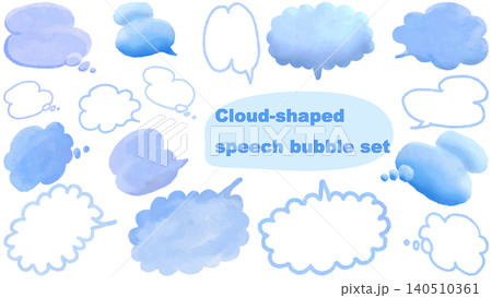 水色の雲の形の吹き出しセット。手書き風のベクター素材 水色の雲の形の吹き出しセット。手書き風のベクター素材 140510361