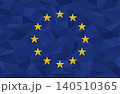 Vector illustration of the official flag of the European Union featuring twelve golden stars in a circle on a blue background. The design is rendered in a modern geometric low poly pattern with mosaic 140510365