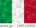 Vector illustration of the national flag of Italy featuring its iconic green, white, and red vertical stripes. The design is rendered in a modern geometric low poly pattern with mosaic triangles 140510366