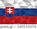 Vector illustration of the national flag of Slovakia featuring its white, blue, and red horizontal stripes with the Slovak coat of arms. The design is rendered in a modern geometric low poly pattern w 140510370