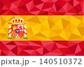 Vector illustration of the national flag of Spain featuring its red and yellow horizontal bands with the Spanish coat of arms. The design is rendered in a modern geometric low poly pattern with mosaic 140510372