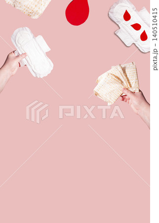Flat lay of female critical day and hygiene accessories. Conceptual image of menstruation and woman health topics Flat lay of female critical day and hygiene accessories. Conceptual image of menstruation and woman health topics 140510415