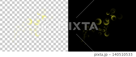 A collection of luminous yellow spheres drift across a split background, one side bright white, the other deep black 140510533