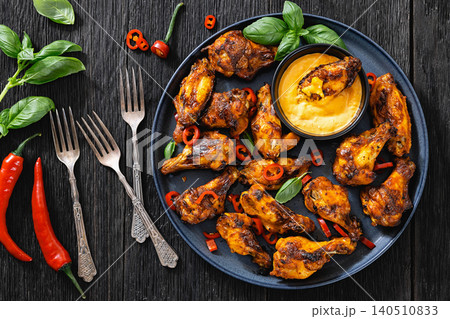Roasted chicken wings appetizer with dip on plate 140510833