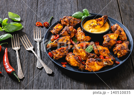 Appetizer chicken wings and creamy dip on a plate 140510835