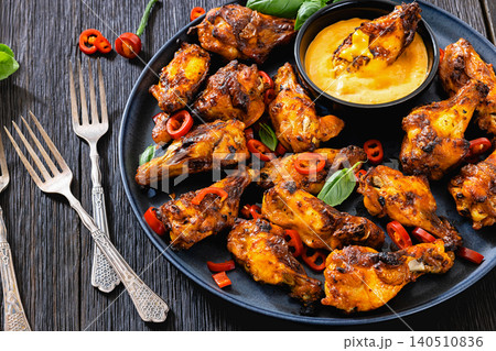 Roasted chicken wings with savory dip, top view 140510836