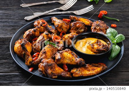 Char-grilled chicken wings on a plate with sauce 140510840