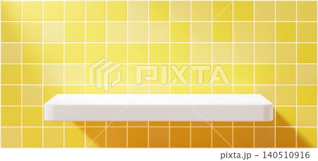 Yellow tile wall with white shelf mockup. Minimal bathroom interior background with sunlight. Empty ledge display for cosmetic product presentation or branding design. Yellow tile wall with white shelf mockup. Minimal bathroom interior background with sunlight. Empty ledge display for cosmetic product presentation or branding design. 140510916