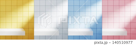 Set of yellow, white, blue and pink ceramic tile wall background. Empty bathroom shelf mockup with realistic window shadow overlay. Set of yellow, white, blue and pink ceramic tile wall background. Empty bathroom shelf mockup with realistic window shadow overlay. 140510977