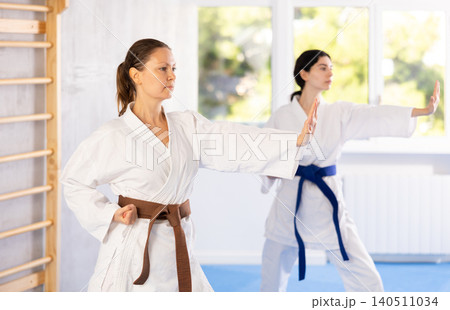 Women in kimono trying martial moves at karate class Women in kimono trying martial moves at karate class 140511034