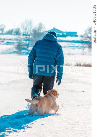 A man walks with a dog in deep snow on a snowy field. Rear view 140511335