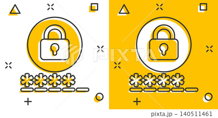 Login icon in comic style. Password access cartoon vector illustration on white isolated background. Padlock entry splash effect business concept. 140511461
