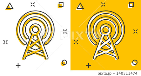 Antenna tower icon in comic style. Broadcasting cartoon vector illustration on white isolated background. Wifi splash effect business concept. Antenna tower icon in comic style. Broadcasting cartoon vector illustration on white isolated background. Wifi splash effect business concept. 140511474
