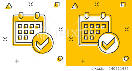 Calendar icon in comic style. Agenda cartoon vector illustration on white isolated background. Schedule planner splash effect business concept. 140511485