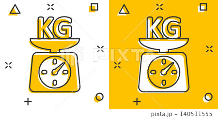 Scale icon in comic style. Kilogram dumbbell cartoon vector illustration on white isolated background. Gym splash effect business concept. Scale icon in comic style. Kilogram dumbbell cartoon vector illustration on white isolated background. Gym splash effect business concept. 140511555