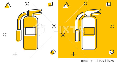 Extinguisher icon in comic style. Fire protection cartoon vector illustration on white isolated background. Emergency splash effect business concept. 140511570