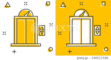 Elevator icon in comic style. Lift cartoon vector illustration on white isolated background. Passenger transportation splash effect business concept. 140511586