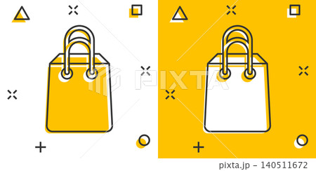 Shopping bag icon in comic style. Handbag cartoon sign vector illustration on white isolated background. Package splash effect business concept. 140511672