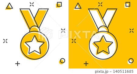 Medal icon in comic style. Prize cartoon sign vector illustration on white isolated background. Trophy award splash effect business concept. Medal icon in comic style. Prize cartoon sign vector illustration on white isolated background. Trophy award splash effect business concept. 140511685