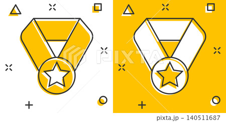 Medal icon in comic style. Prize cartoon sign vector illustration on white isolated background. Trophy award splash effect business concept. Medal icon in comic style. Prize cartoon sign vector illustration on white isolated background. Trophy award splash effect business concept. 140511687