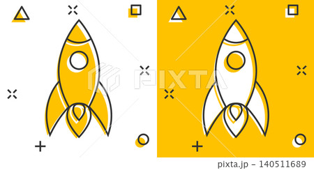 Rocket icon in comic style. Spaceship launch cartoon vector illustration on white isolated background. Sputnik splash effect business concept. Rocket icon in comic style. Spaceship launch cartoon vector illustration on white isolated background. Sputnik splash effect business concept. 140511689