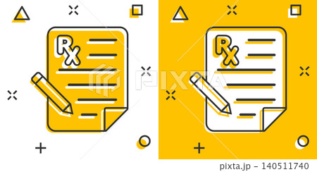 Prescription icon in comic style. Rx document cartoon vector illustration on white isolated background. Paper splash effect business concept. 140511740