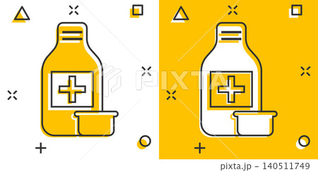 Pill bottle icon in comic style. Drugs cartoon vector illustration on white isolated background. Pharmacy splash effect business concept. Pill bottle icon in comic style. Drugs cartoon vector illustration on white isolated background. Pharmacy splash effect business concept. 140511749