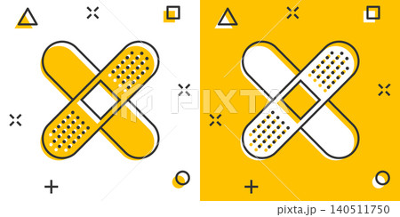 Bandage icon in comic style. Plaster cartoon vector illustration on white isolated background. First aid kit splash effect business concept. Bandage icon in comic style. Plaster cartoon vector illustration on white isolated background. First aid kit splash effect business concept. 140511750