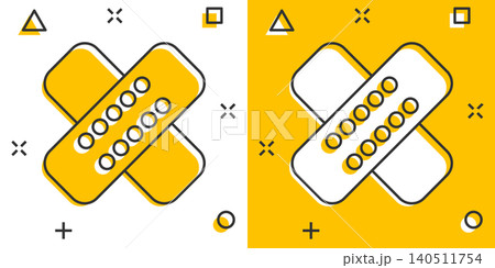 Bandage icon in comic style. Plaster cartoon vector illustration on white isolated background. First aid kit splash effect business concept. 140511754