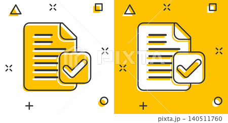 Document accepted icon in comic style. Correct cartoon vector illustration on white isolated background. Check message splash effect business concept. Document accepted icon in comic style. Correct cartoon vector illustration on white isolated background. Check message splash effect business concept. 140511760