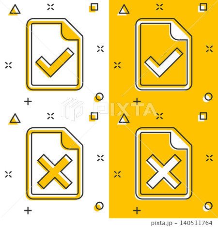 Document accepted and damaged icon in comic style. Correct, broken cartoon vector illustration on white isolated background. Check message splash effect business concept. Document accepted and damaged icon in comic style. Correct, broken cartoon vector illustration on white isolated background. Check message splash effect business concept. 140511764