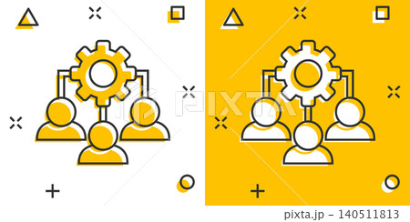 Business training icon in comic style. Gear with people cartoon vector illustration on white isolated background. Employee management splash effect concept. 140511813