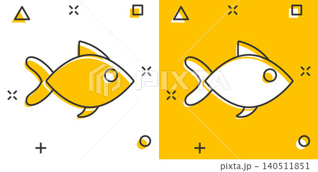Fish sign icon in comic style. Goldfish vector cartoon illustration on white isolated background. Seafood business concept splash effect. Fish sign icon in comic style. Goldfish vector cartoon illustration on white isolated background. Seafood business concept splash effect. 140511851