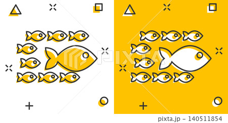 Fish sign icon in comic style. Goldfish vector cartoon illustration on white isolated background. Seafood business concept splash effect. 140511854