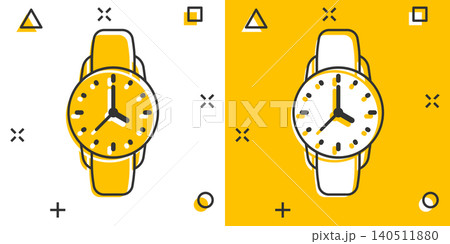 Wrist watch icon in comic style. Hand clock cartoon vector illustration on white isolated background. Time bracelet splash effect business concept. 140511880