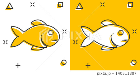 Fish icon in comic style. Seafood cartoon vector illustration on white isolated background. Sea animal splash effect business concept. Fish icon in comic style. Seafood cartoon vector illustration on white isolated background. Sea animal splash effect business concept. 140511887