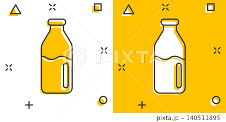 Bottle milk icon in comic style. Flask cartoon vector illustration on white isolated background. Drink container splash effect business concept. 140511895