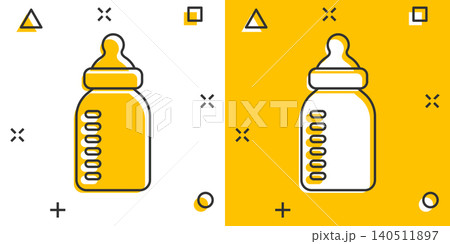 Baby bottle icon in comic style. Milk container cartoon vector illustration on white isolated background. Drink glass splash effect business concept. Baby bottle icon in comic style. Milk container cartoon vector illustration on white isolated background. Drink glass splash effect business concept. 140511897