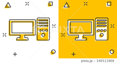 Pc computer icon in comic style. Desktop cartoon vector illustration on white isolated background. Device monitor splash effect business concept. 140511909