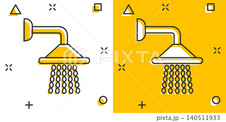 Shower sign icon in comic style. Bathroom water device vector cartoon illustration on white isolated background. Wash business concept splash effect. Shower sign icon in comic style. Bathroom water device vector cartoon illustration on white isolated background. Wash business concept splash effect. 140511933