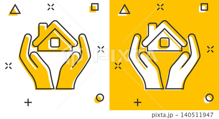 Home care icon in comic style. Hand hold house vector cartoon illustration on white isolated background. Building quality business concept splash effect. Home care icon in comic style. Hand hold house vector cartoon illustration on white isolated background. Building quality business concept splash effect. 140511947