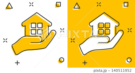 Home care icon in comic style. Hand hold house vector cartoon illustration on white isolated background. Building quality business concept splash effect. Home care icon in comic style. Hand hold house vector cartoon illustration on white isolated background. Building quality business concept splash effect. 140511952