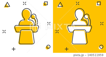 Public speach icon in comic style. Podium conference vector cartoon illustration on white isolated background. Tribune debate business concept splash effect. 140511959